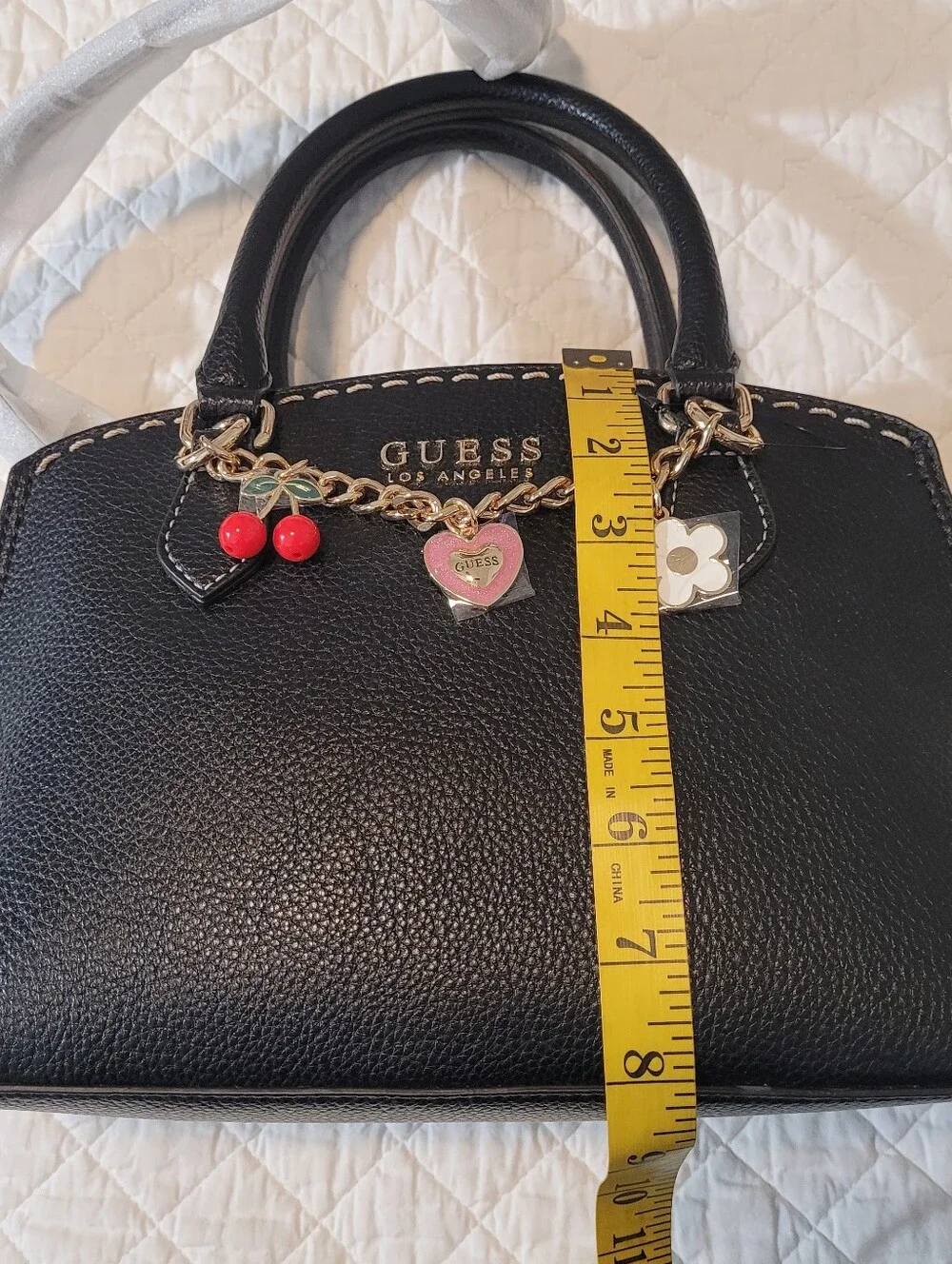 NWT GUESS Davina Charms Black Satchel Handbag with Gold Chain and Charm Accents
